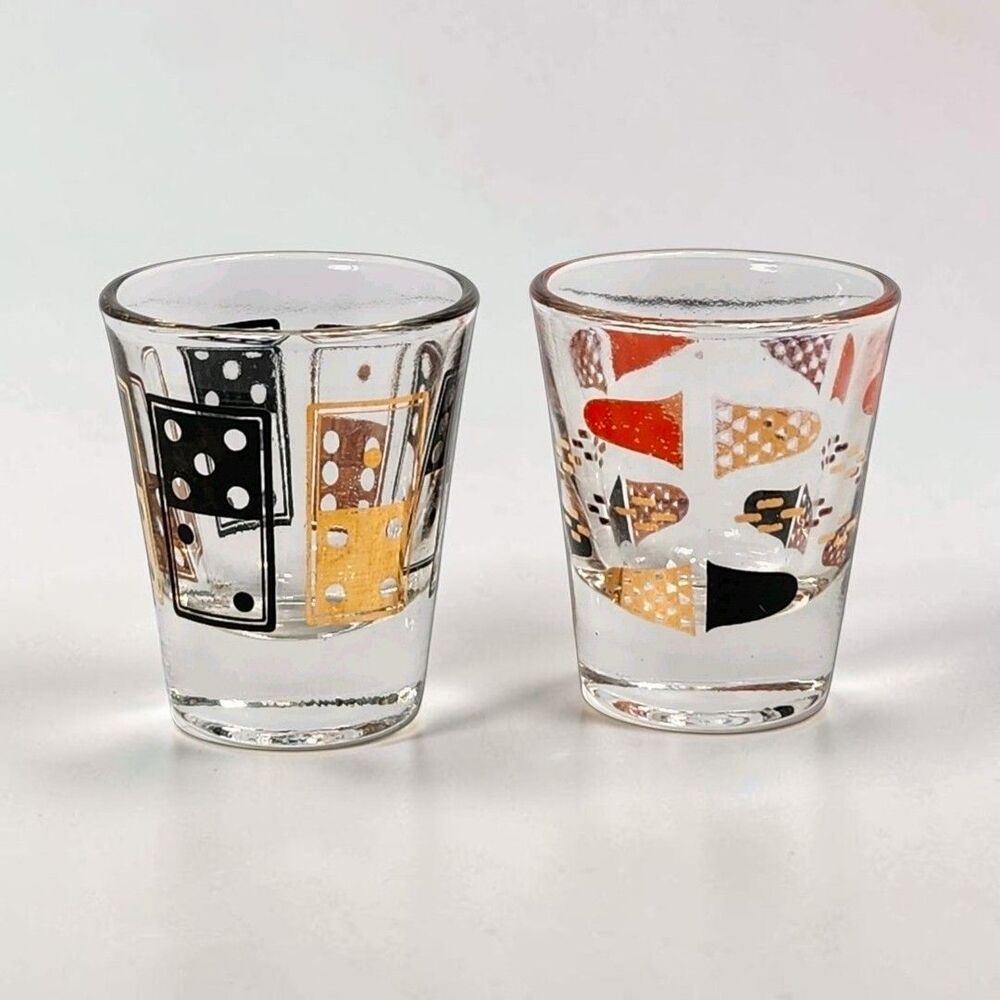 Vintage 2 Anchor Hocking Shot Glasses Mid Century Barware Mismatched Dice MCM